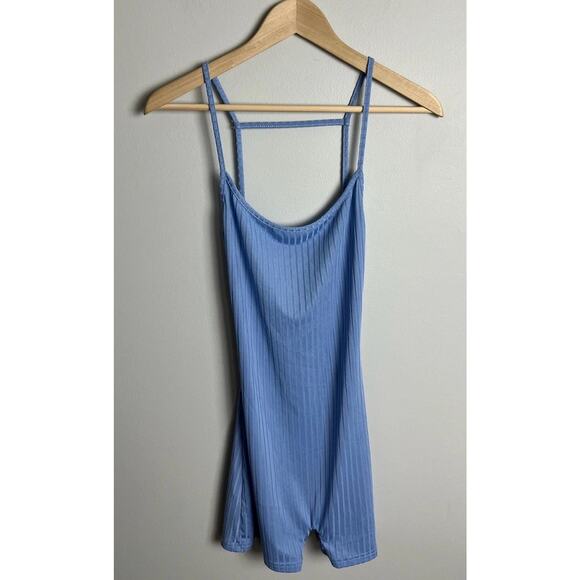 Shein Blue Ribbed Knit Bodycon Romper with Strappy Open Back Size Medium Women's - Picture 1 of 4
